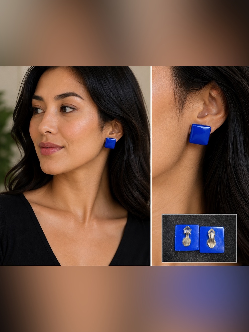 Vintage Cobalt Blue Square Clip On Earrings Geometric Lucite Resin Retro